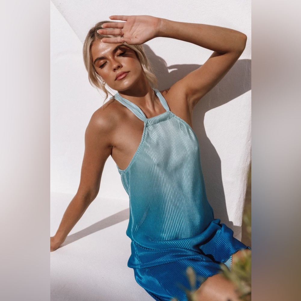 Petal and Pup MELODY PLISSE HALTER MINI DRESS - BLUE GRADIENT